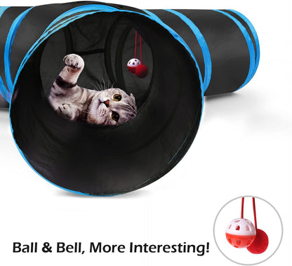 Cat Tunnel with Bell Balls, Upgraded 3 Way Cat Tunnel Interactive Toy, Pet Toy Maze Cat House Bed with Strong Spring-Steel Frame for Cat Kitten Kitty, Blue