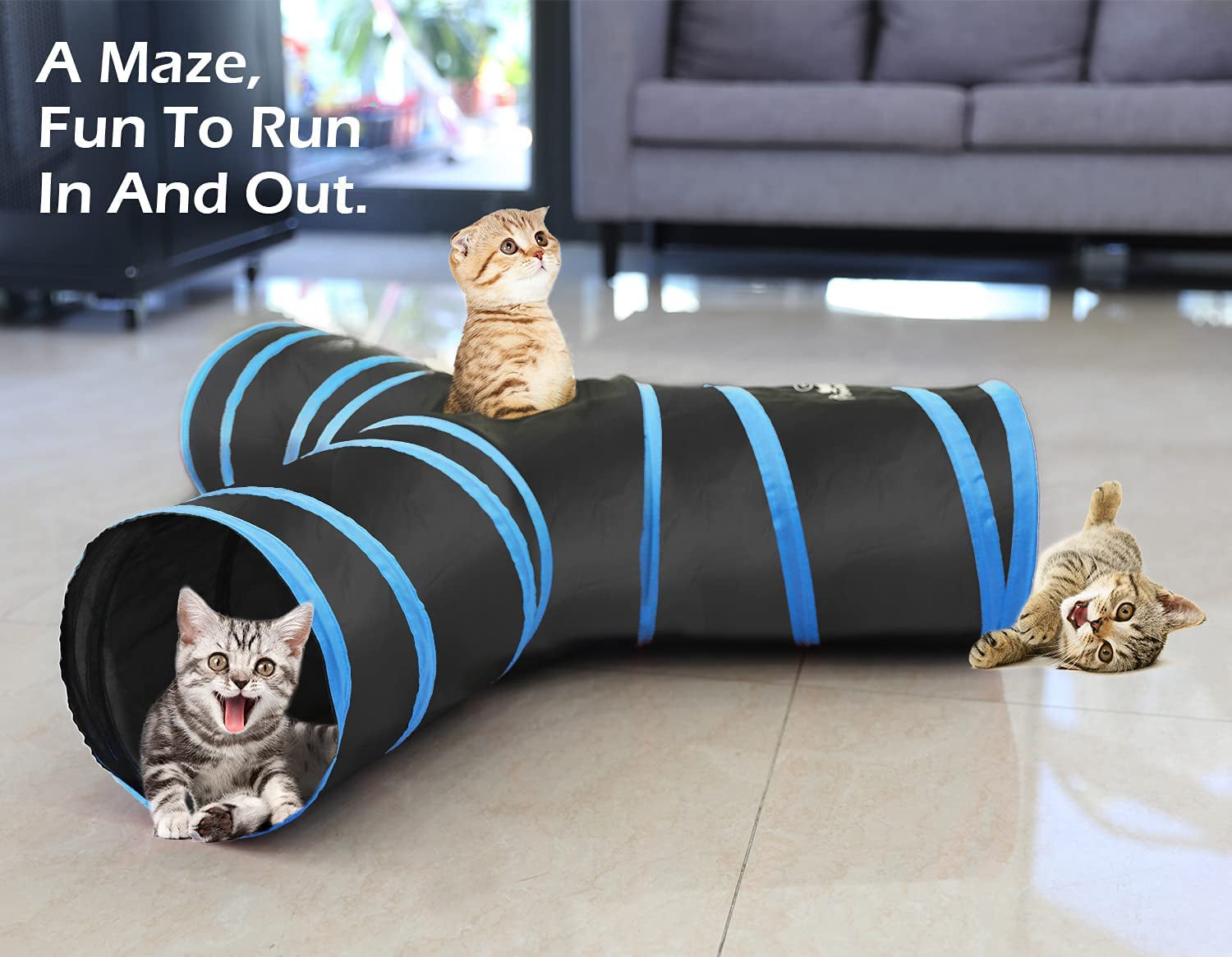 Cat Tunnel with Bell Balls, Upgraded 3 Way Cat Tunnel Interactive Toy, Pet Toy Maze Cat House Bed with Strong Spring-Steel Frame for Cat Kitten Kitty, Blue