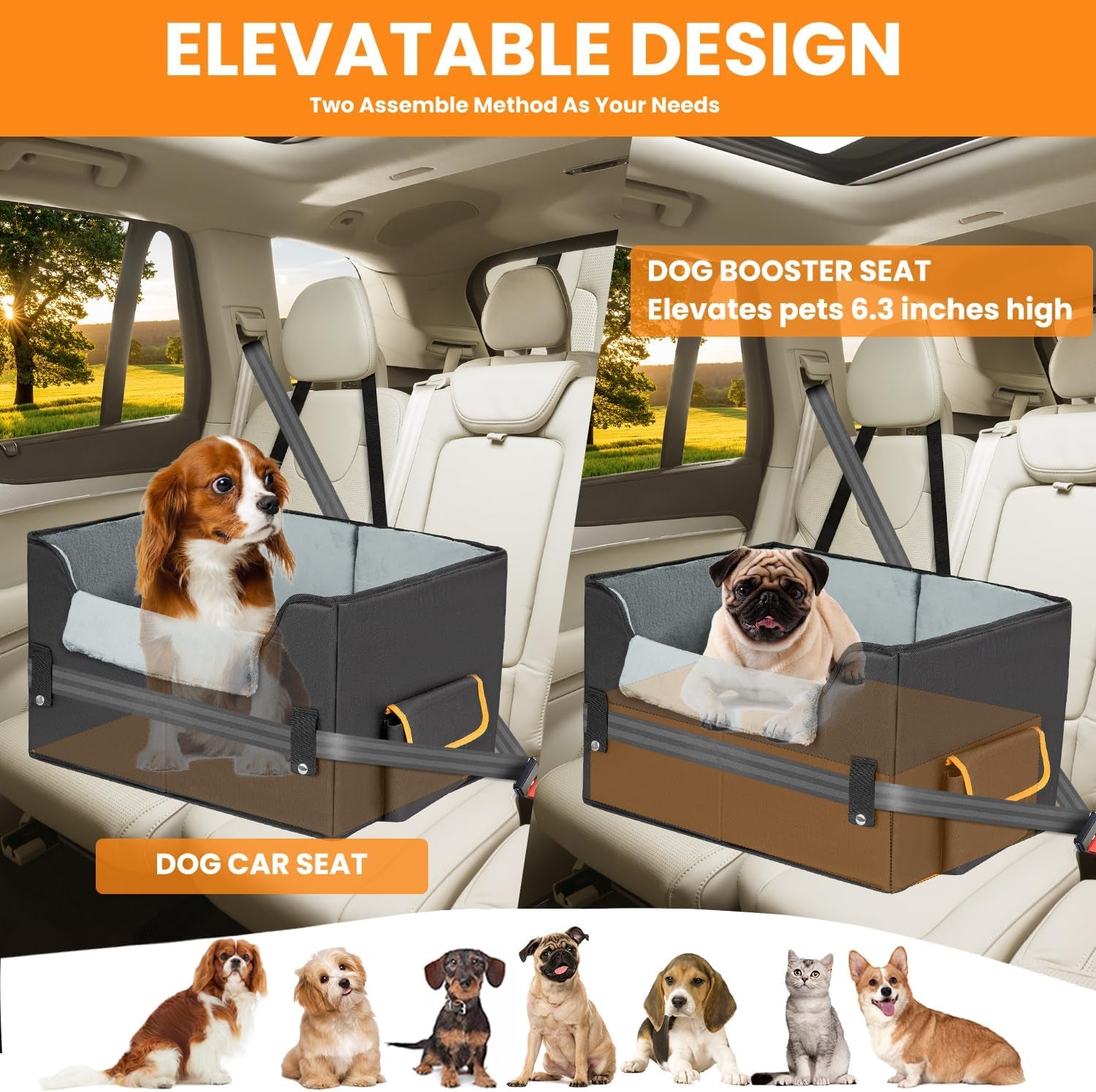 "Cozy & Safe Elevated Dog Booster Seat - Adjustable Pet Car Carrier for Small Dogs & Cats"